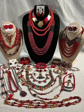 Vintage Red Statement Jewelry Lot Bold Retro Necklaces, Beaded Sets, Rhinestone